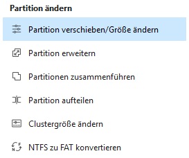 Menü Partition verschieben/Größe ändern Menu