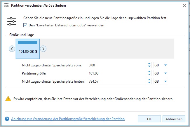 Dialogfenster Partition verschieben/Größe ändern (Rettungspartition) Partition verschieben