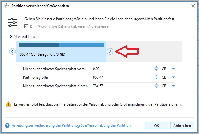Dialogfenster Partition verschieben/Größe ändern (Systempartition) Partition verkleinern
