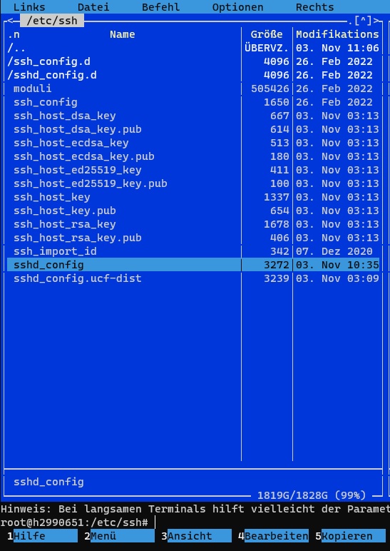 sshd_config im Midnight Commander