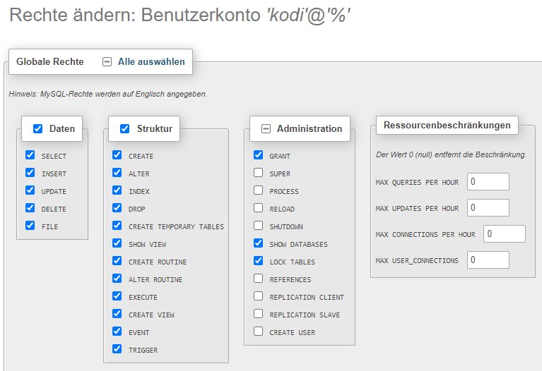Berechtigungen für Kodi Datenbank Benutzer